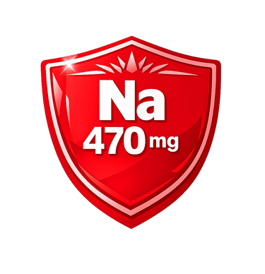 Red glossy shield icon displaying Na 470mg sodium content label for nutritional facts.