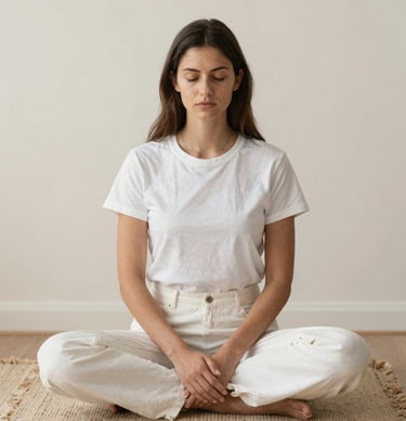 A woman in white clothing practicing mindful meditation while sitting cross-legged on a rug.