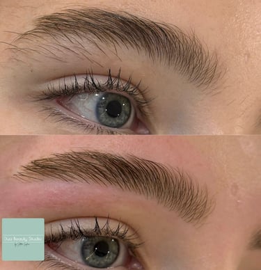 A before and after of waxed and threaded eyebrows and an eye
