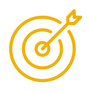 Yellow bullseye target icon with arrow hitting the center on a black background.