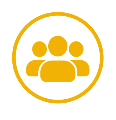 Yellow group of people icon inside a circle representing teamwork and community on a black background.