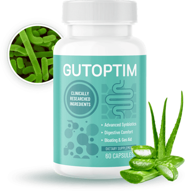 GutOptim synbiotic supplement bottle for digestive comfort with aloe vera and probiotic bacteria.