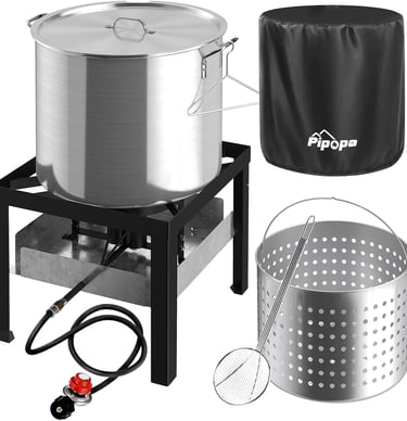 crawfish boiling pot with a strainer basket