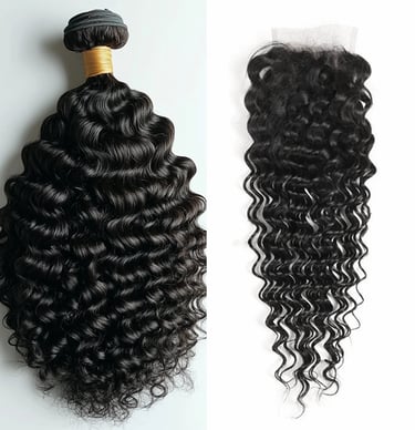 A side-by-side image displaying an example of the Jet Black Tight Curly Bundle & Closure Deals.