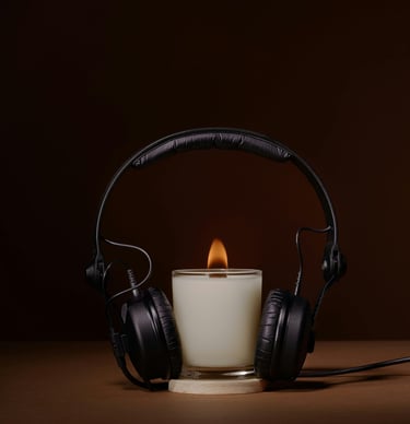 Holiday living room with pine-scented candle, essential oil diffuser, and music playing softly.