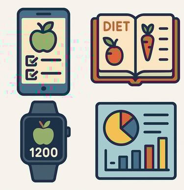 Infographic collage of diet tracking tools: apps, journals, wearables