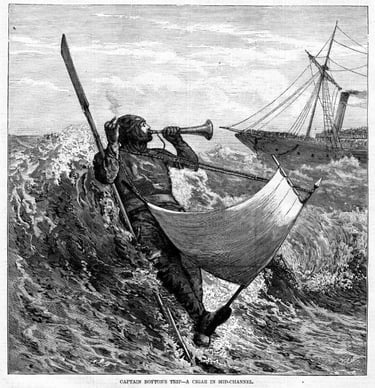 Vintage illustration of Captain Boyton in a rubber life suit blowing a horn while floating in ocean waves.