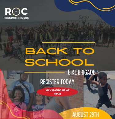 ROC Freedom Riders Back to School Bike Brigade event flyer for a community bicycle ride on August 29th.