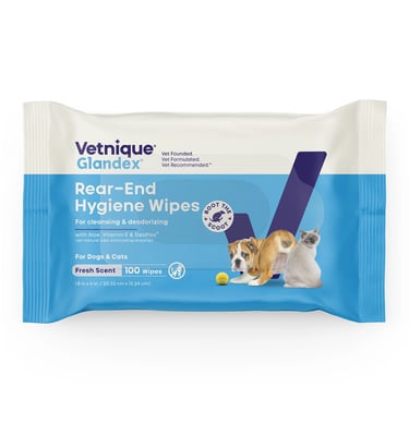 Vetnique Glandex rear-end hygiene wipes for dogs and cats in a blue and white 100-count pack.