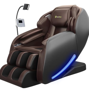 Luxury brown and black zero gravity massage chair with LED lights and a digital controller.
