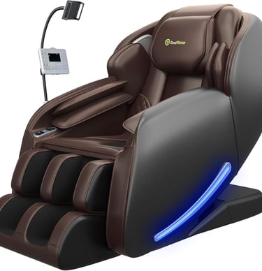 Luxury Real Relax full body massage chair in brown leather with zero gravity and LED lighting.