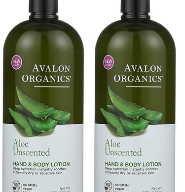 Two 32-ounce bottles of Avalon Organics Unscented Aloe Hand and Body Lotion for sensitive skin.