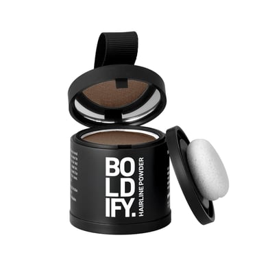 Boldify hairline powder compact in dark brown with mirror and white sponge applicator for thinning hair.