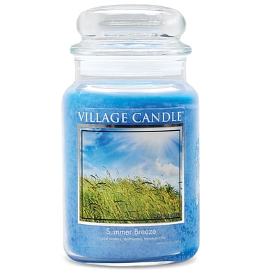 Village Candle Summer Breeze blue scented jar candle with crystal waters and driftwood notes.