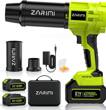 Zarimi cordless leaf blower kit with 21V lithium batteries, charger, and accessories for yard work.