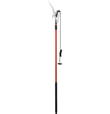 Professional telescopic tree pruner with a red extendable pole, curved saw blade, and bypass lopper.