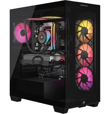 Corsair Vengeance gaming PC in a black mid-tower case featuring RGB fans and liquid CPU cooling.
