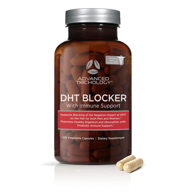 Advanced Trichology DHT Blocker with Immune Support dietary supplement bottle for hair loss treatment.