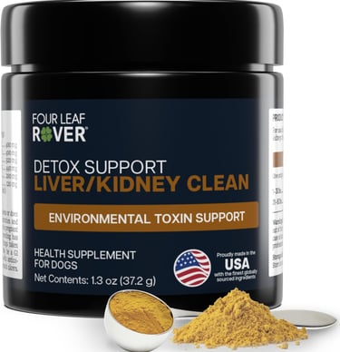 Four Leaf Rover detox support liver and kidney clean health supplement powder for dogs in a black jar.