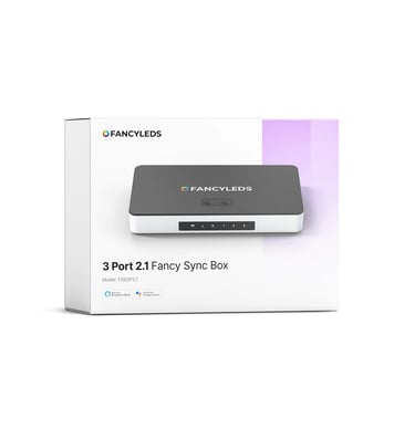 Fancyleds 3 Port 2.1 Fancy Sync Box packaging for HDMI LED backlight synchronization.