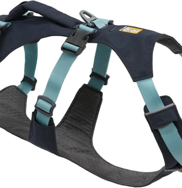 Durable navy and teal multi-use dog harness with adjustable straps and top handle for hiking.