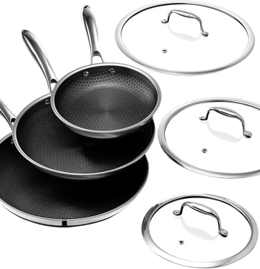 HexClad 6-piece nonstick stainless steel frying pan set, honeycomb textured surfaces and glass lids