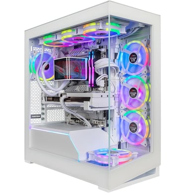 Custom white gaming PC build featuring RGB fans, liquid cooling, and a glass tempered case.