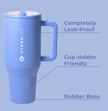 Blue HydroJug leak-proof tumbler with handle and cup-holder friendly rubber base.