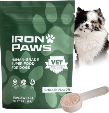 Iron Paws human-grade super food for dogs in chicken flavor with a scoop and small puppy.