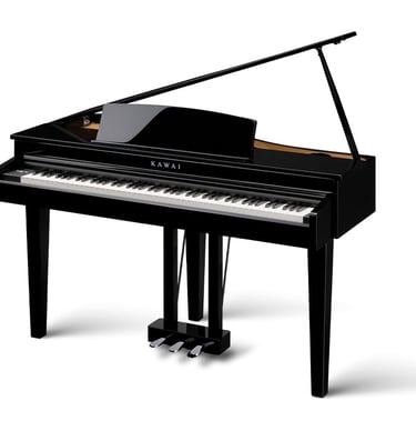 Polished ebony Kawai digital grand piano with an open lid, keys, and foot pedals on a white background.