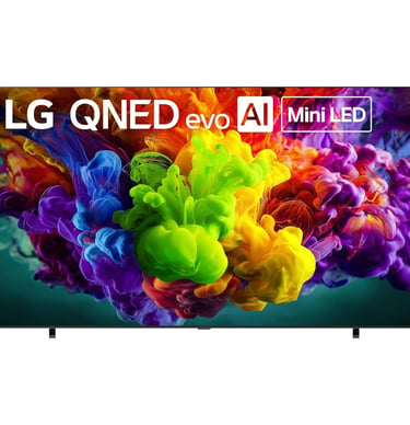 LG QNED evo AI Mini LED smart TV displaying a vibrant burst of colorful ink smoke on a dark background.