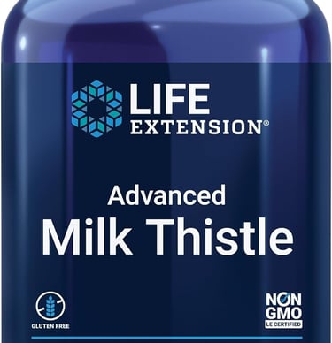 Life Extension Advanced Milk Thistle liver health supplement, 120 gluten-free softgels with phospholipid delivery.
