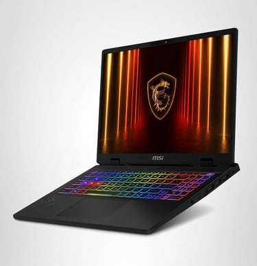 MSI gaming laptop with RGB backlit keyboard and a dragon logo on the screen display.
