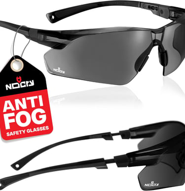 NoCry anti-fog safety glasses with tinted grey lenses and adjustable wrap-around frames for eye protection.