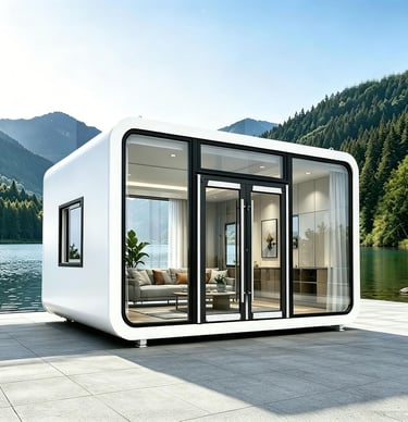 Modern white prefab pod house with glass walls located by a scenic mountain lake.