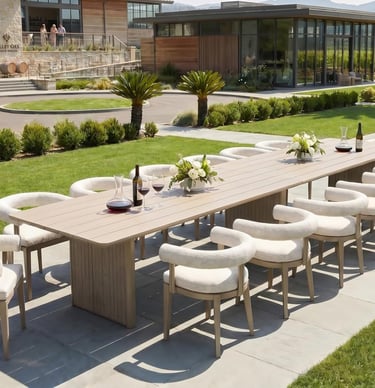 A long outdoor dining table with white chairs on a luxury winery patio near a pool.