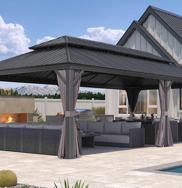 Modern black aluminum gazebo with outdoor sofa and dining set on a luxury patio by a swimming pool.