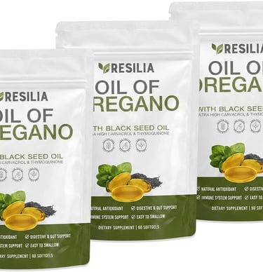 Resilia Oil of Oregano with Black Seed Oil dietary supplement softgels for immune and digestive support.