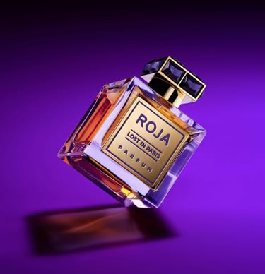 Elegant Roja Lost In Paris Parfum bottle floating against a vibrant purple background.