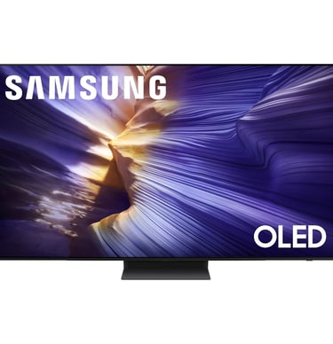 Samsung OLED smart TV displaying a vibrant purple and blue abstract landscape on a slim black bezel screen.