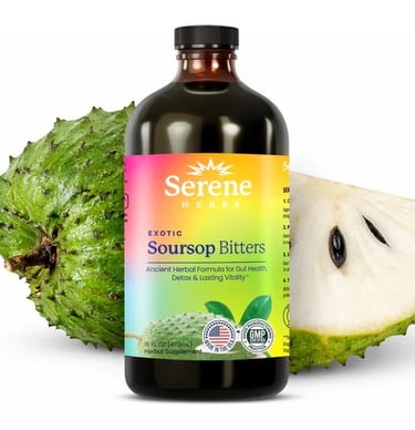 Serene Herbs Soursop Bitters bottle with a fresh graviola fruit for detox and gut health.