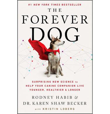 The Forever Dog book cover featuring a dog in a red cape by Rodney Habib and Dr. Karen Shaw Becker.