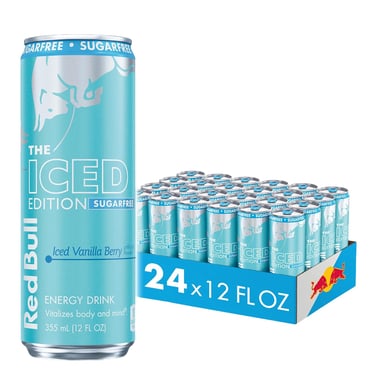 24-pack of Red Bull Sugarfree Iced Vanilla Berry energy drink 12 oz cans in a blue and white box.