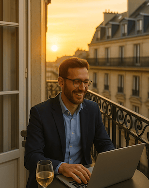 A man typing on his laptop on his apartment terrace in Paris while the sun is setting. He seems happ