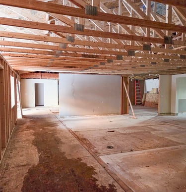 Interior perspective of open-web floor trusses and structural ceiling framing installation.