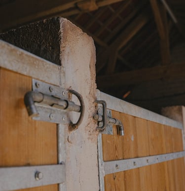 Close-up a wooden horse stable door inside a barn.