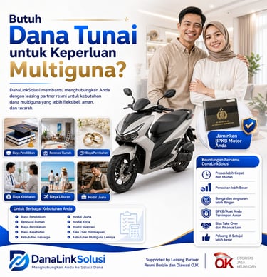 A smiling couple posing next to a motorcycle with details about Dana Tunai Multiguna loans and BPKB collateral.