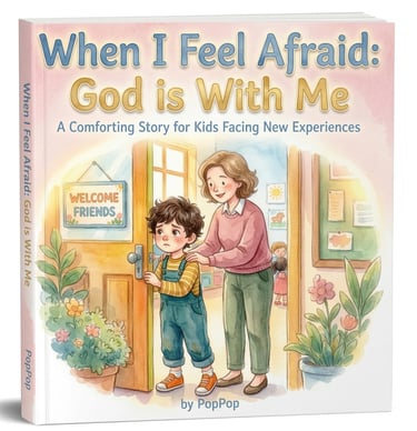 Christian children's book cover showing a nervous boy entering a classroom with a supportive teacher.