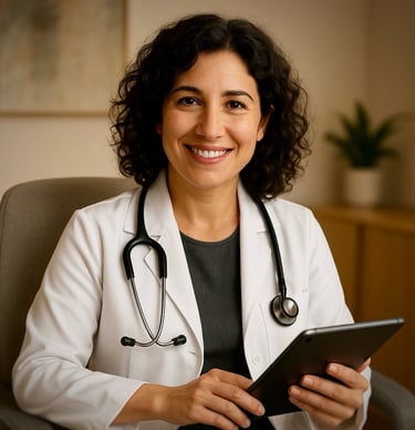 Portrait of a middle-aged female concierge doctor holding a tablet, wearing a white lab coat and ste