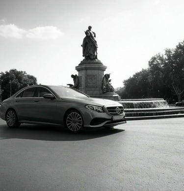 Mercedes E class frente a fuente en Madrid 